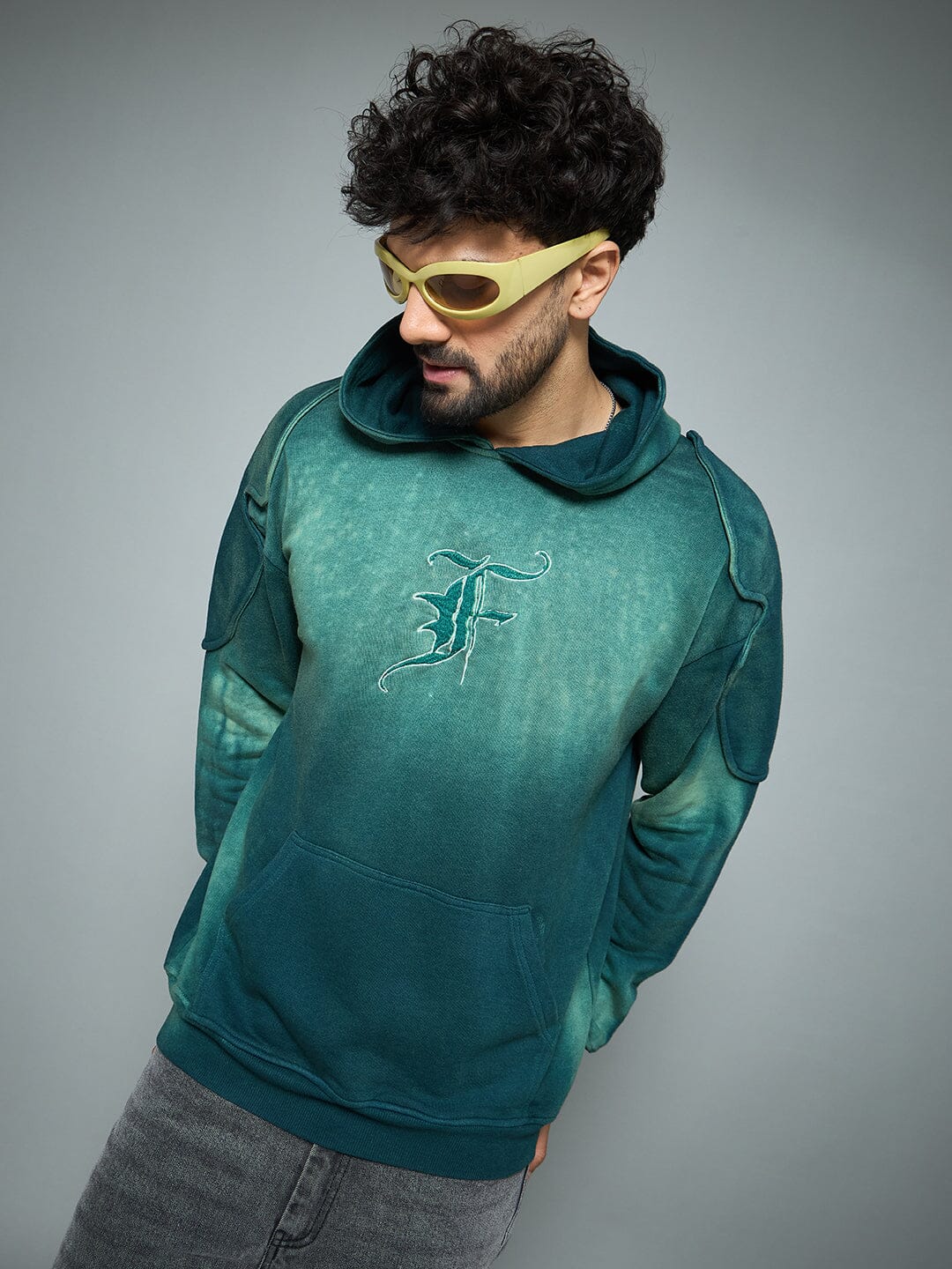 Bottle Green Sun Fade Shoulder Pad Hoodie