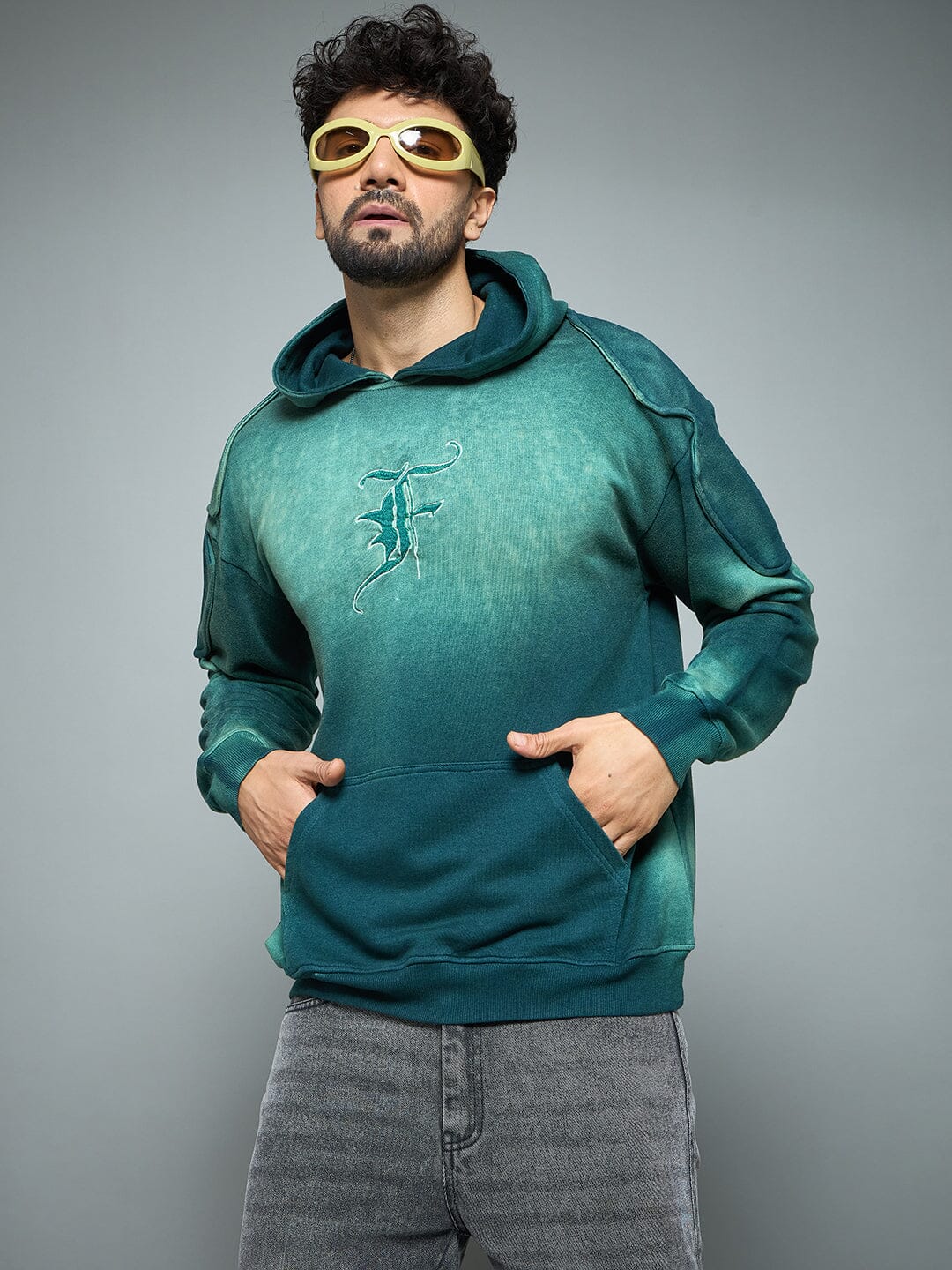 Bottle Green Sun Fade Shoulder Pad Hoodie