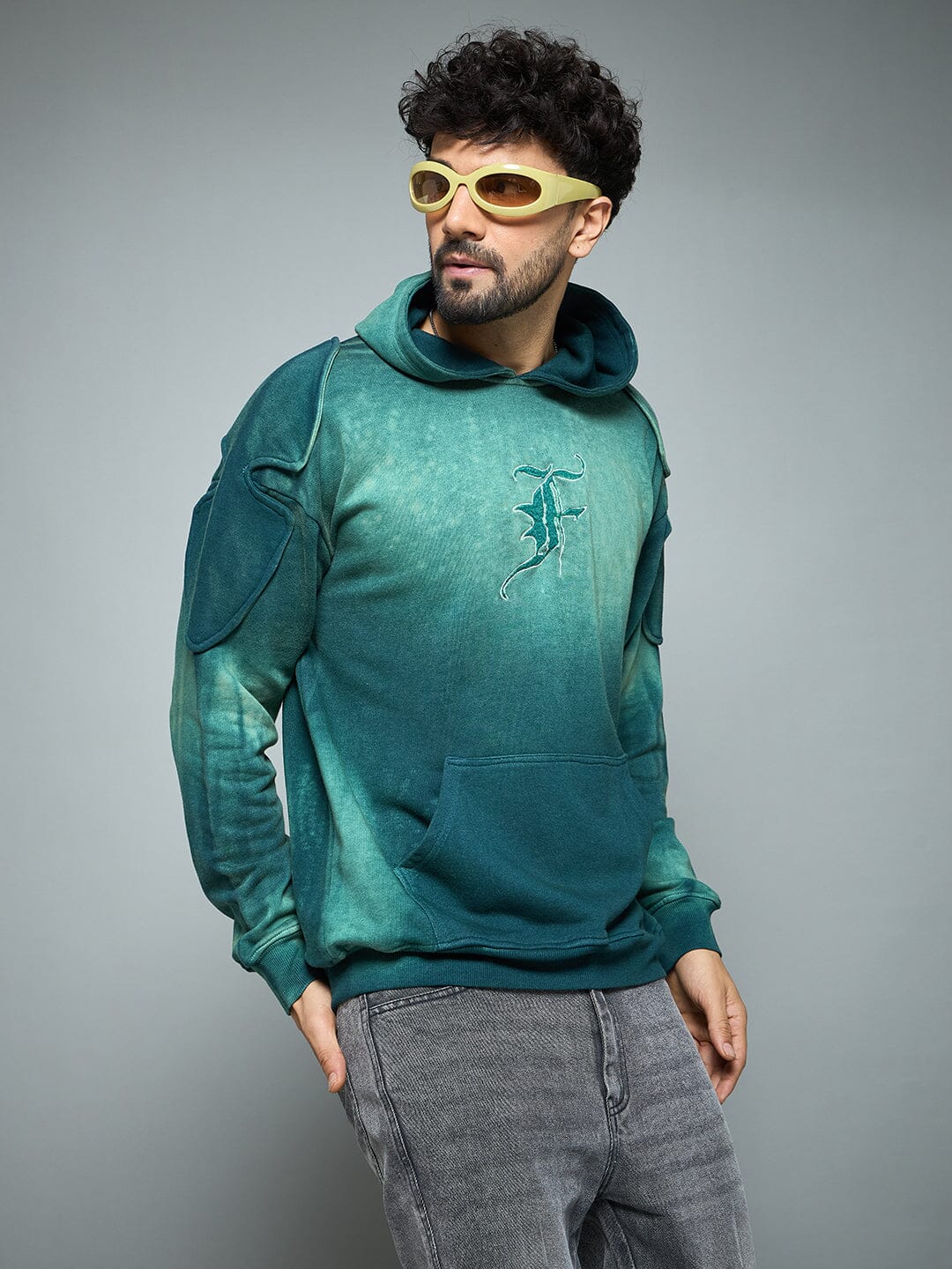 Bottle Green Sun Fade Shoulder Pad Hoodie