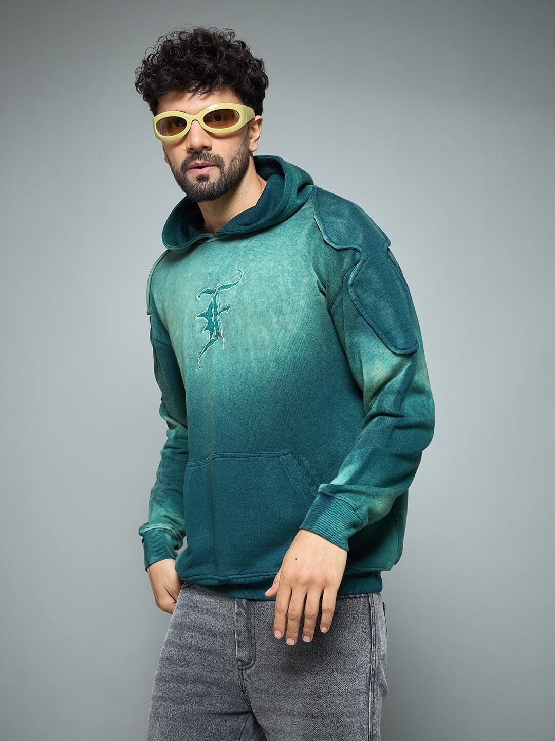 Bottle Green Sun Fade Shoulder Pad Hoodie