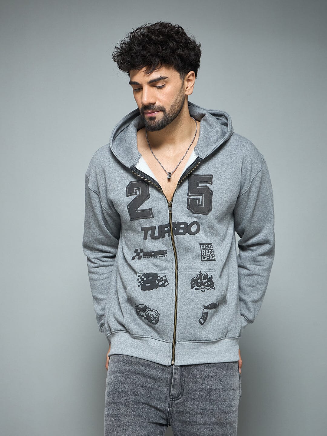 Anthra Melange Racing Graphic Hoodie