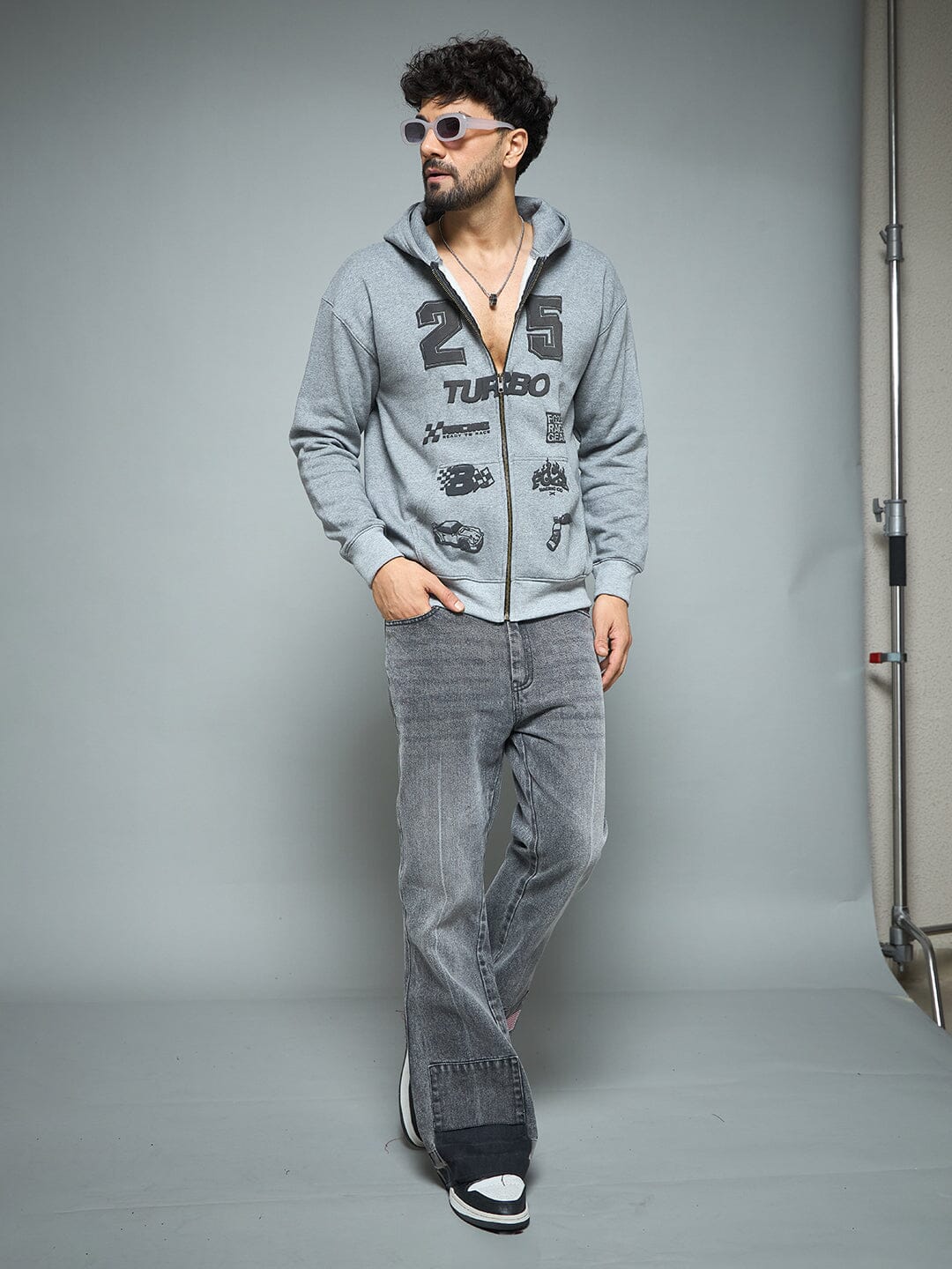 Anthra Melange Racing Graphic Hoodie