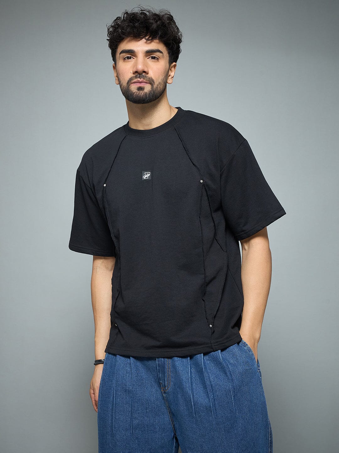 Black Faux Flat Look Cut and Sew Tshirt