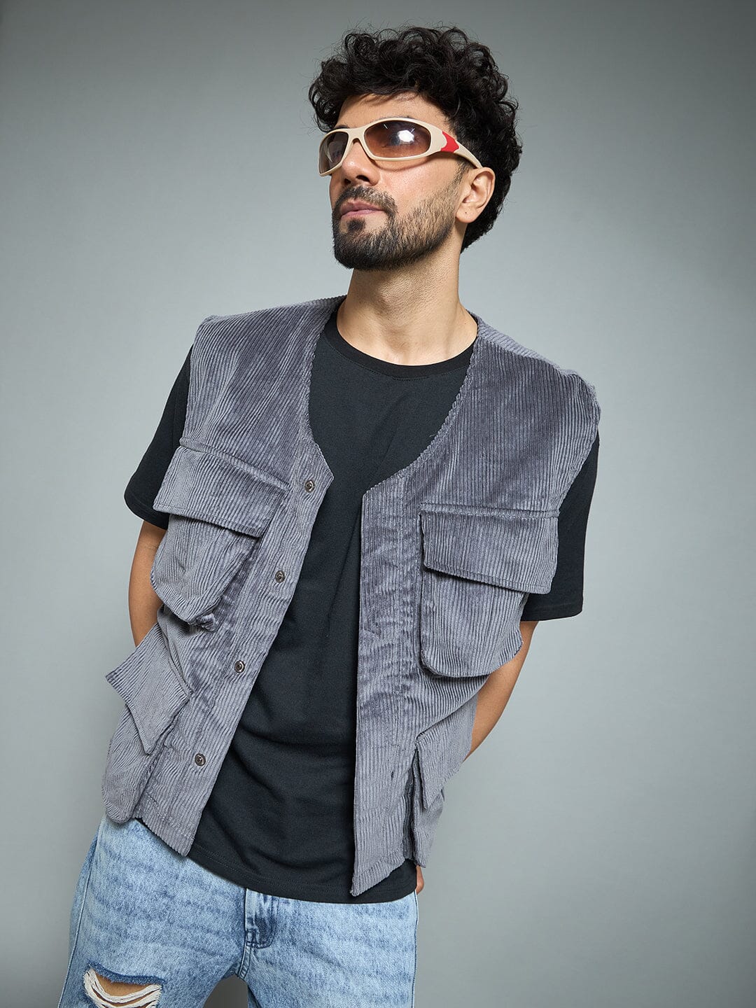 Grey Corduroy Sleeveless Gilet
