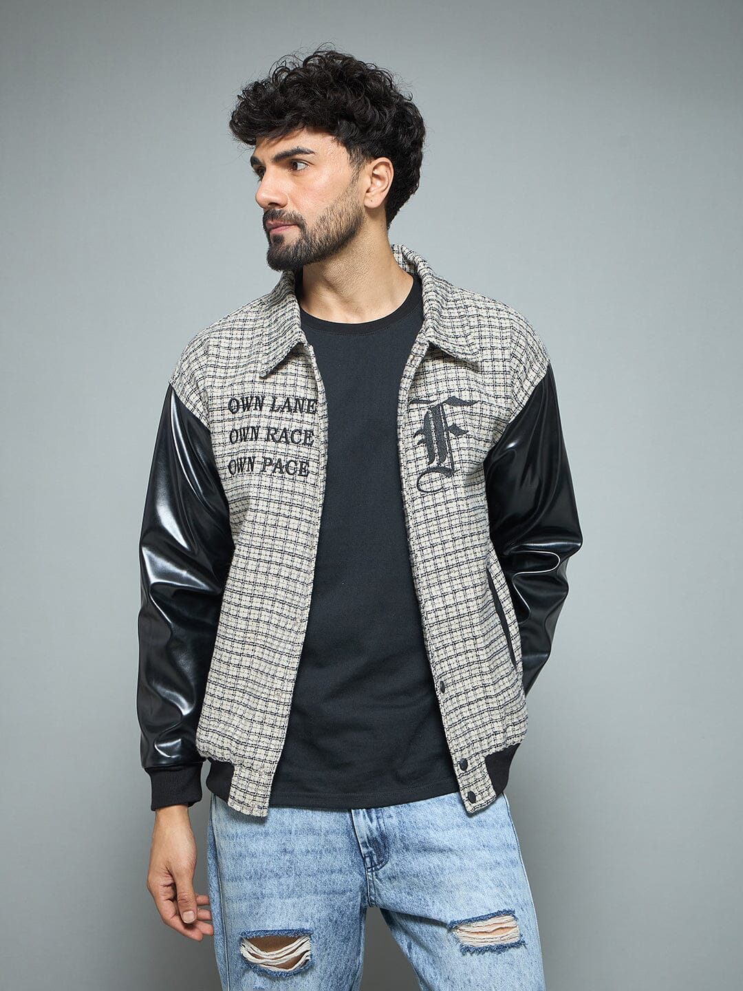Checkered Tweed Embroidered Varsity Jacket