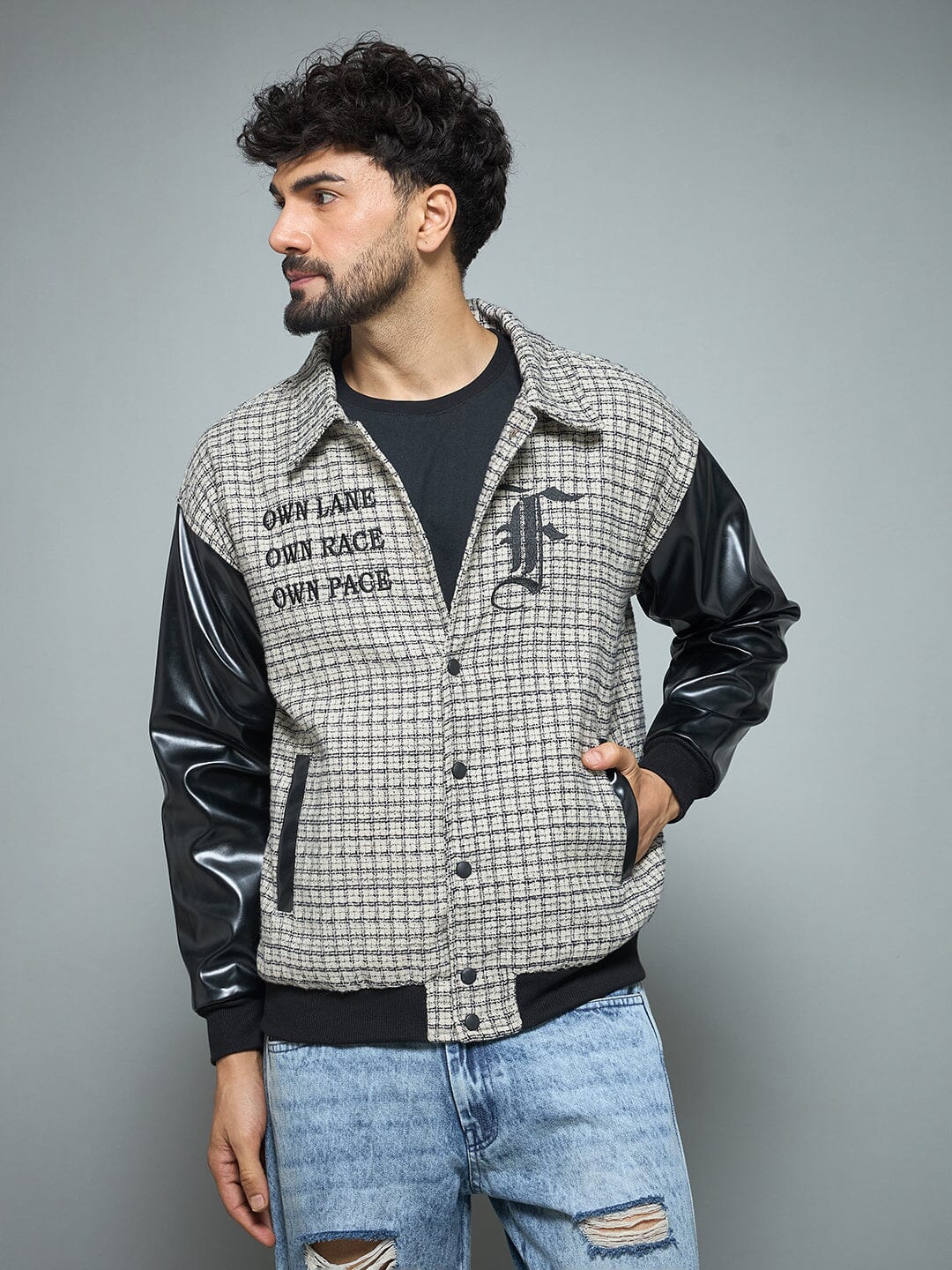 Checkered Tweed Embroidered Varsity Jacket