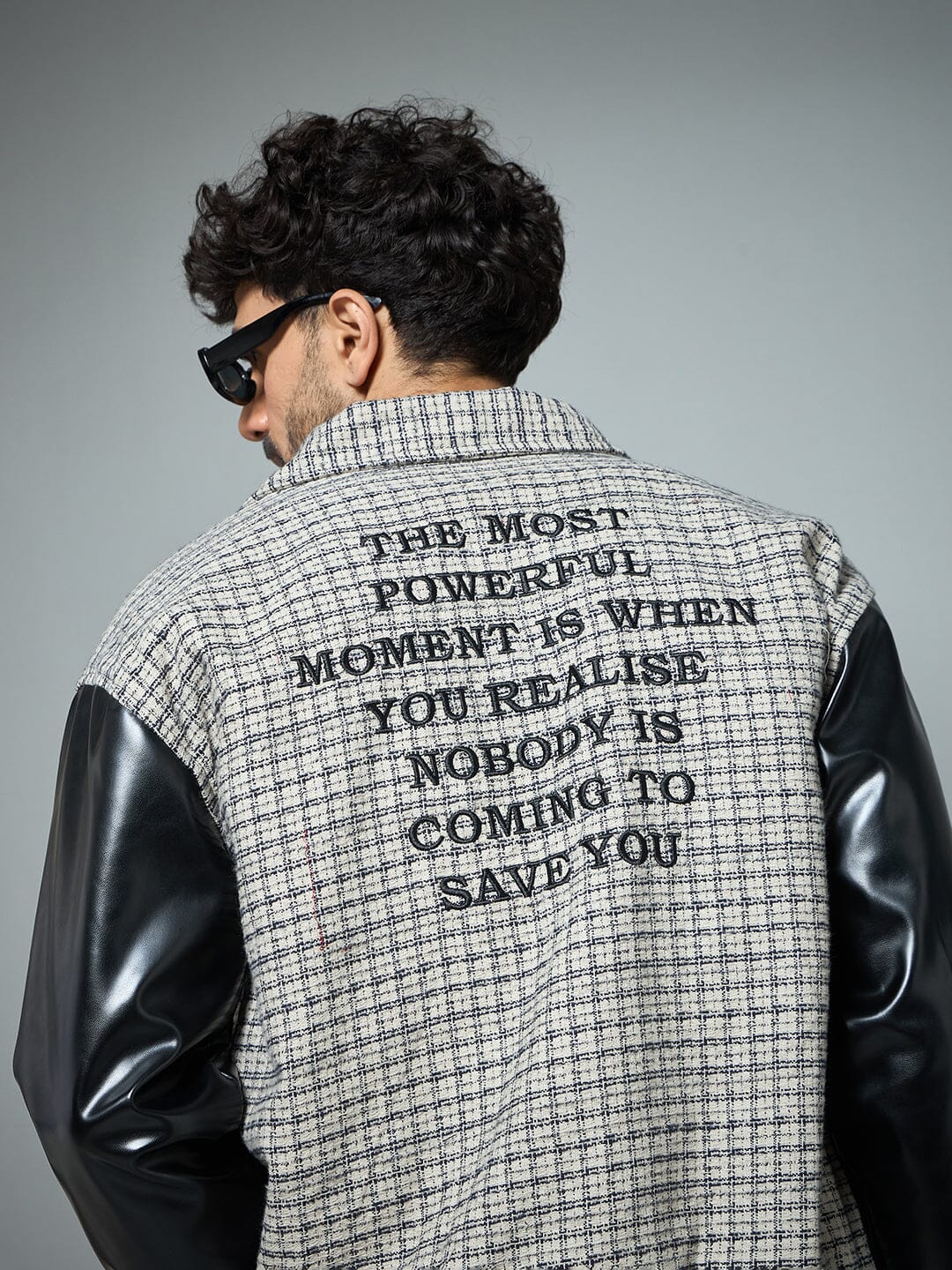 Checkered Tweed Embroidered Varsity Jacket