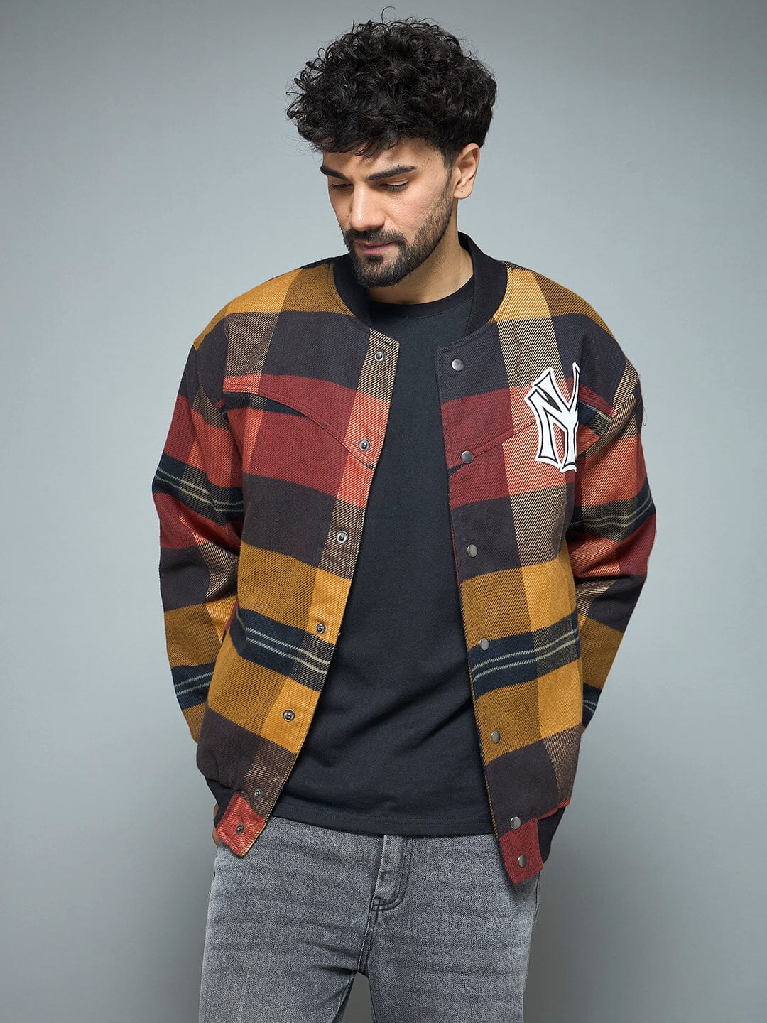 Red Checkered NY Monogram Flannel Bomber Jacket