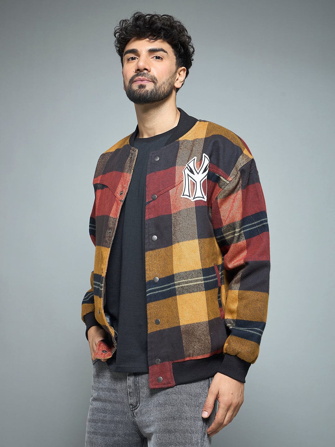 Red Checkered NY Monogram Flannel Bomber Jacket