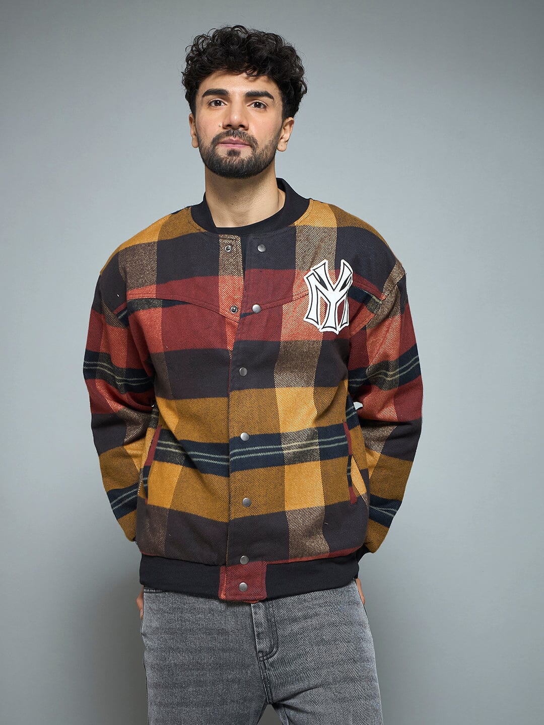 Red Checkered NY Monogram Flannel Bomber Jacket
