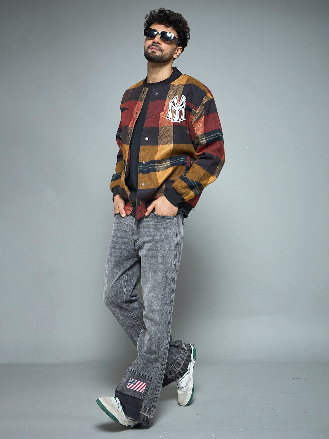 Red Checkered NY Monogram Flannel Bomber Jacket