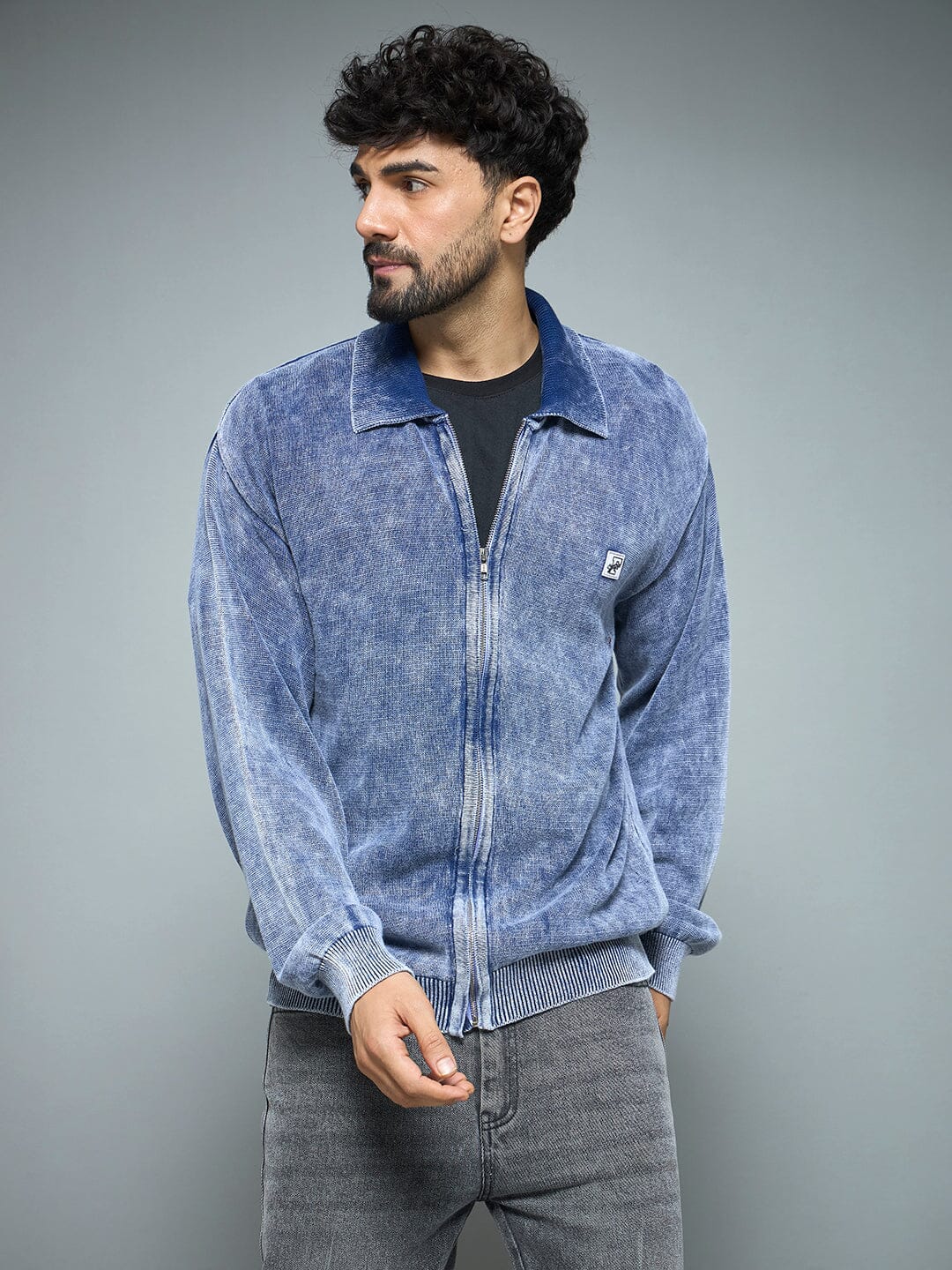 Denim Washed Overdyed Zipped Sweater