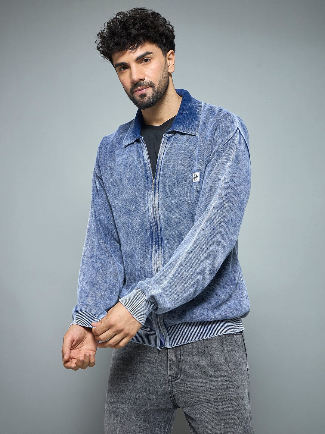 Denim Washed Overdyed Zipped Sweater