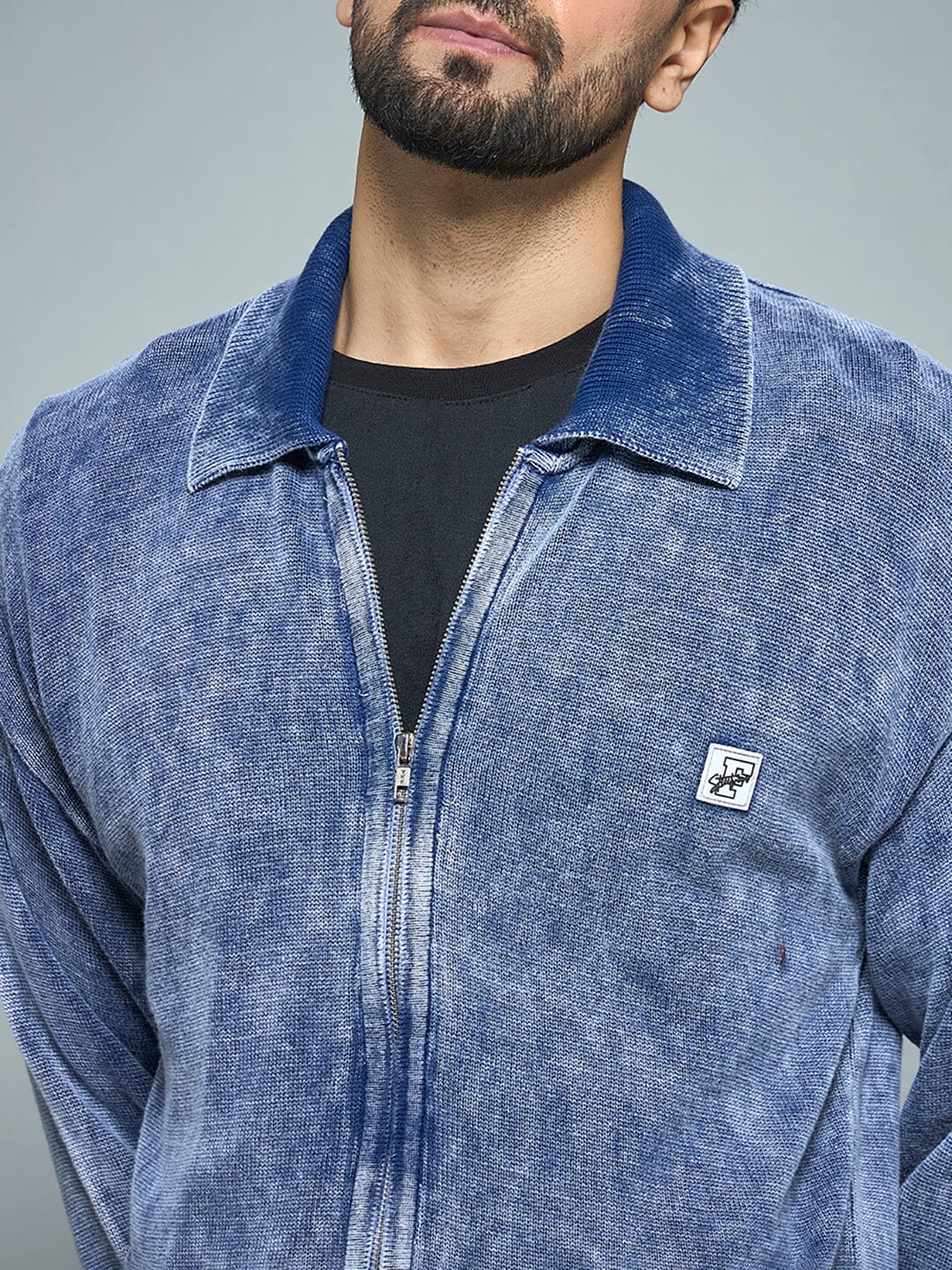 Denim Washed Overdyed Zipped Sweater