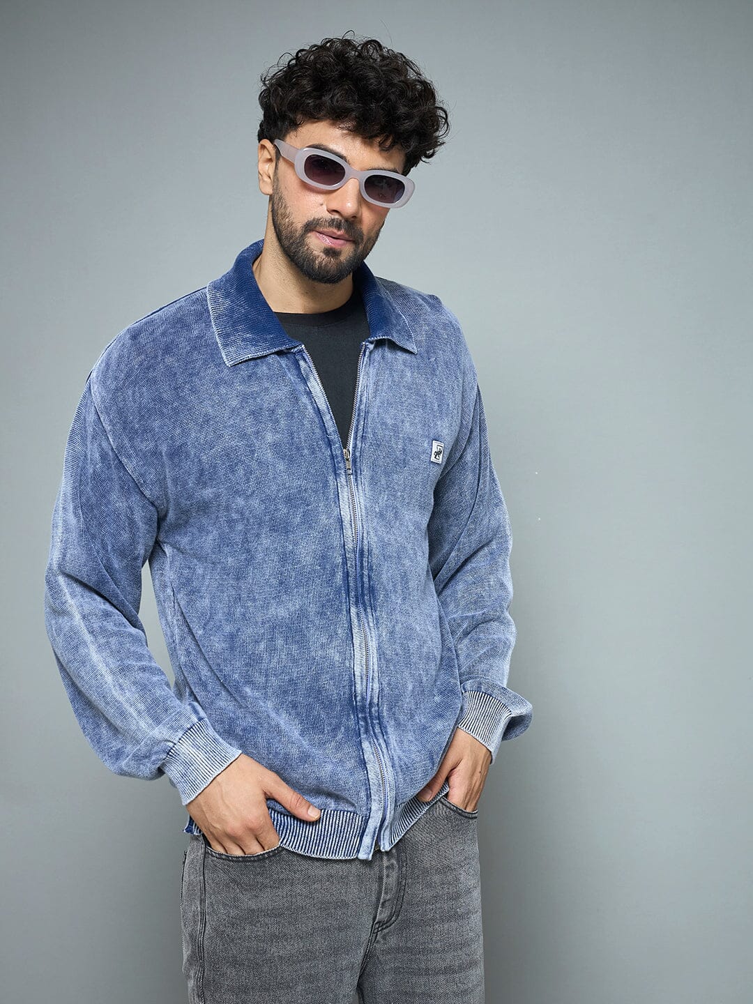 Denim Washed Overdyed Zipped Sweater