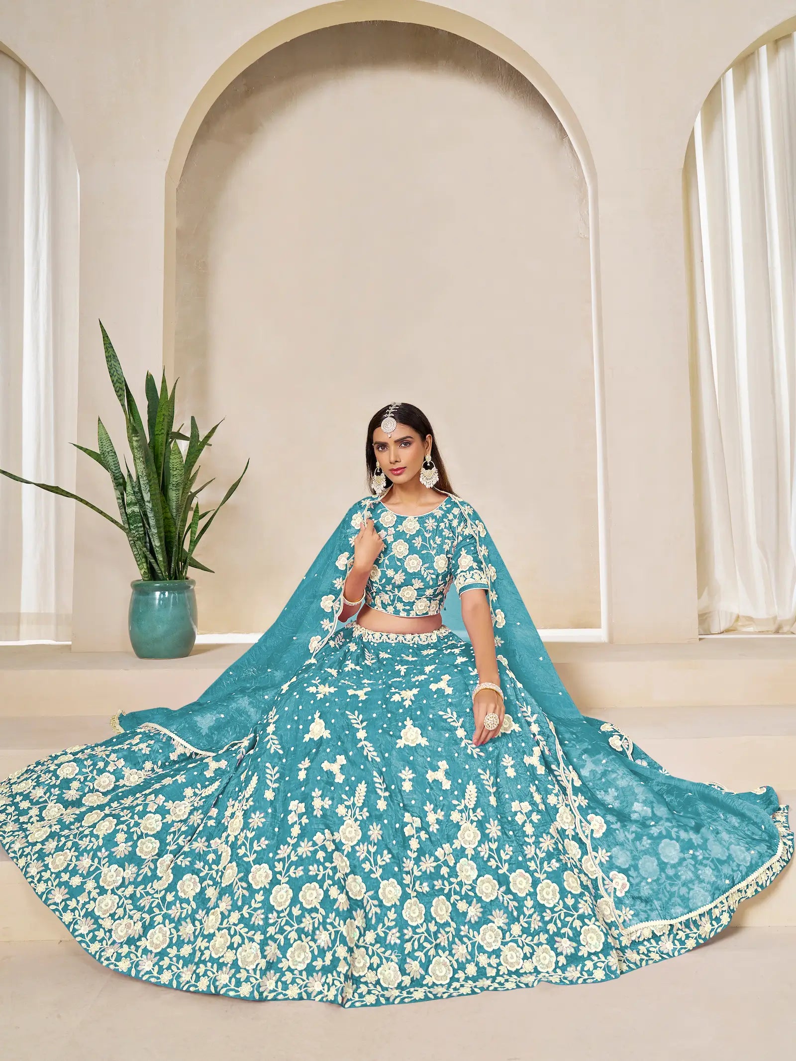 Sea Blue Gold Crush Embroidery Lehenga Choli - qivii