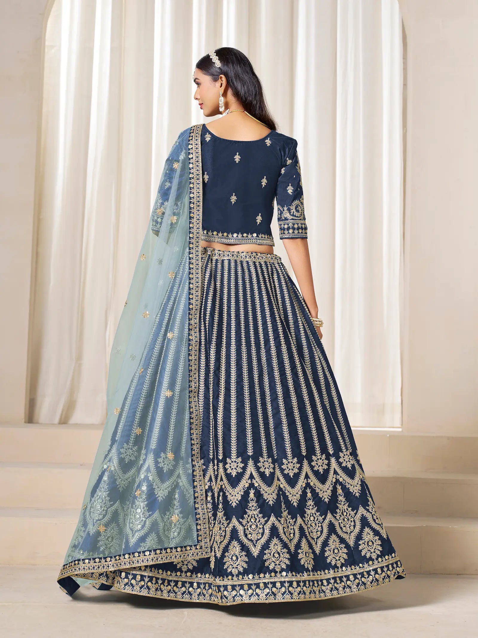 Navy Blue Art Silk Thread & Sequins Embroidery Lehenga Choli - qivii