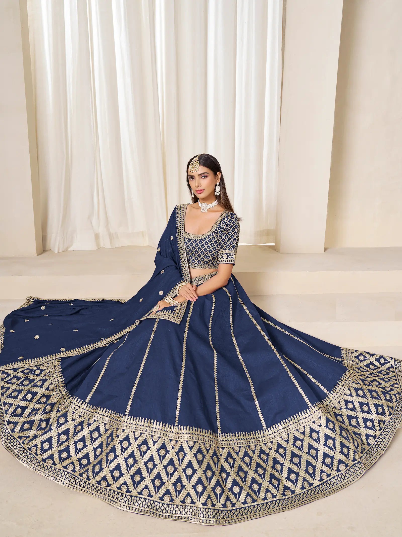 Navy Blue Art Silk Embroidery Work Lehenga Choli - qivii