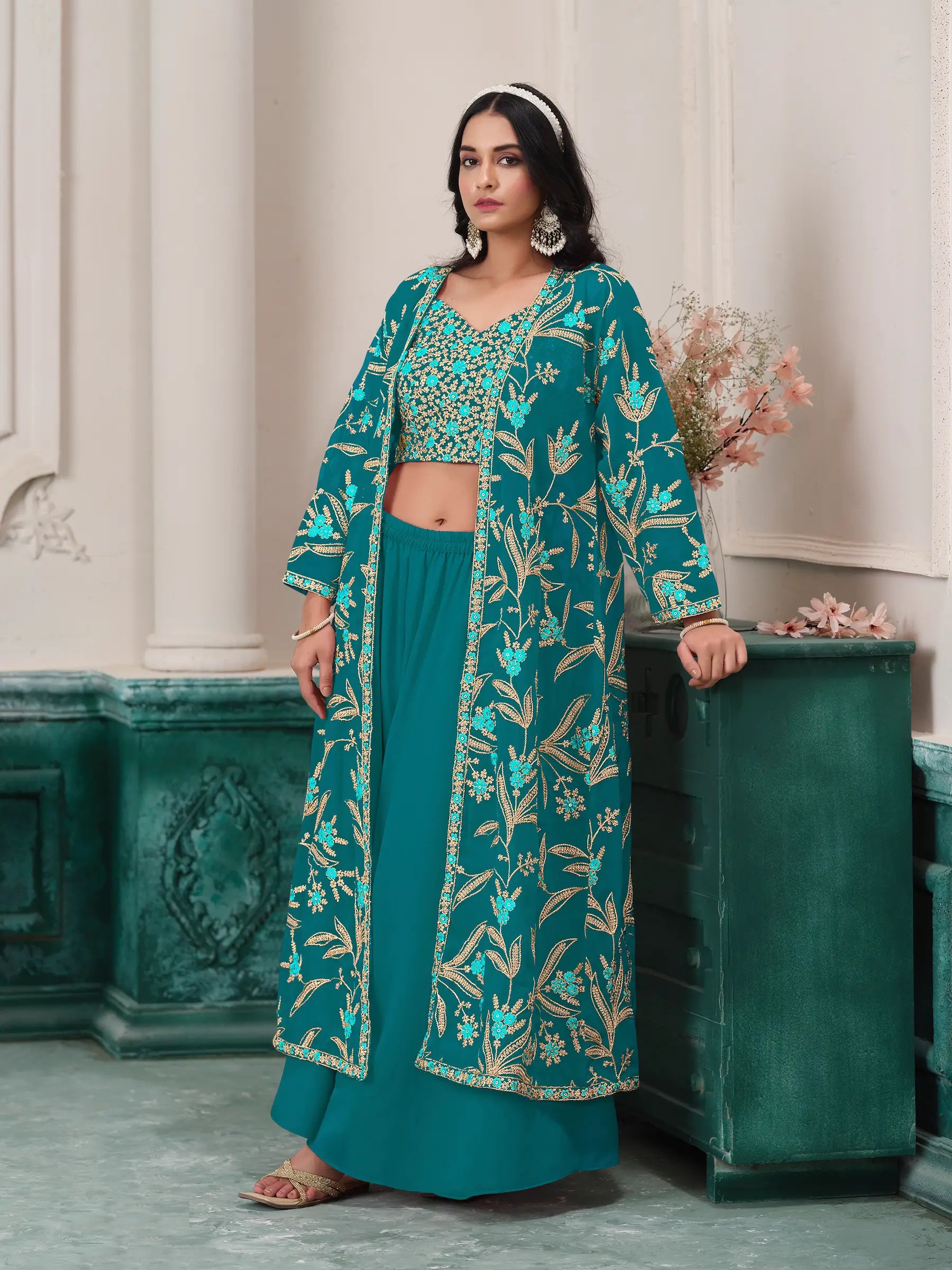 Blue Georgette Indo Western Set With Thread & Sequins Embroidery Work - qivii