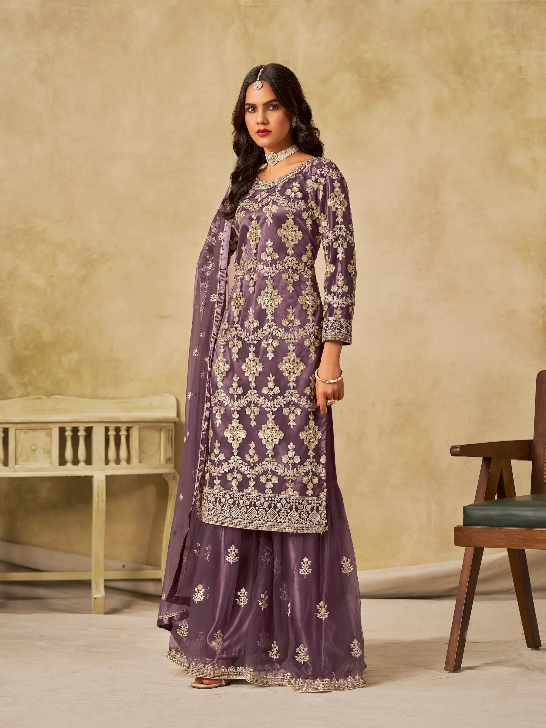 Dull Purple Net Palazzo Suit With Sequins Embroidery - qivii