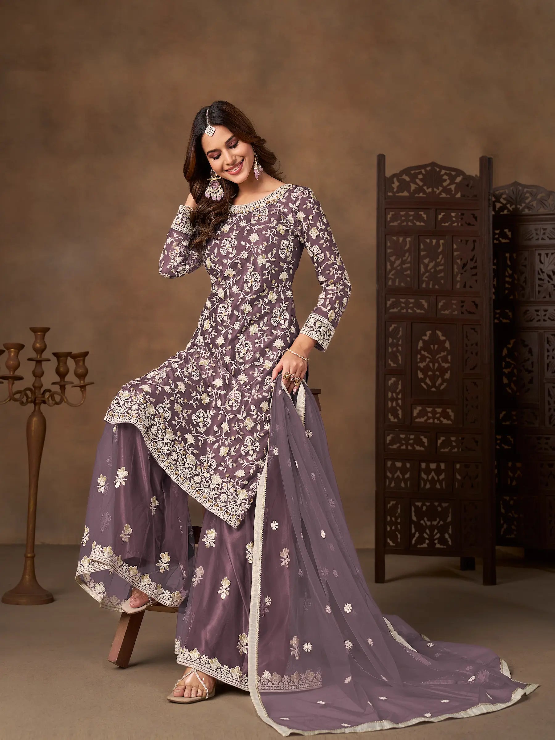 Dark Mauve Net Embroidery Palazzo Suit
