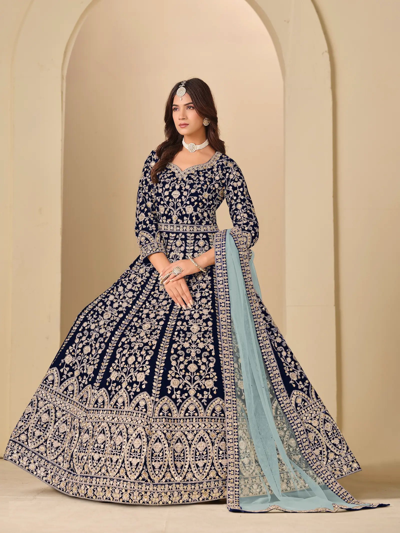 Navy Blue Velvet Heavy Embroidered Gown