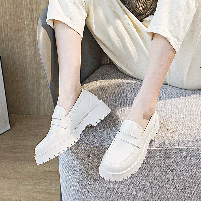 Women's Slip On Platform Loafers Thick Sole Height Boosting Trendy and Versatile College Style Casual White Sneakers