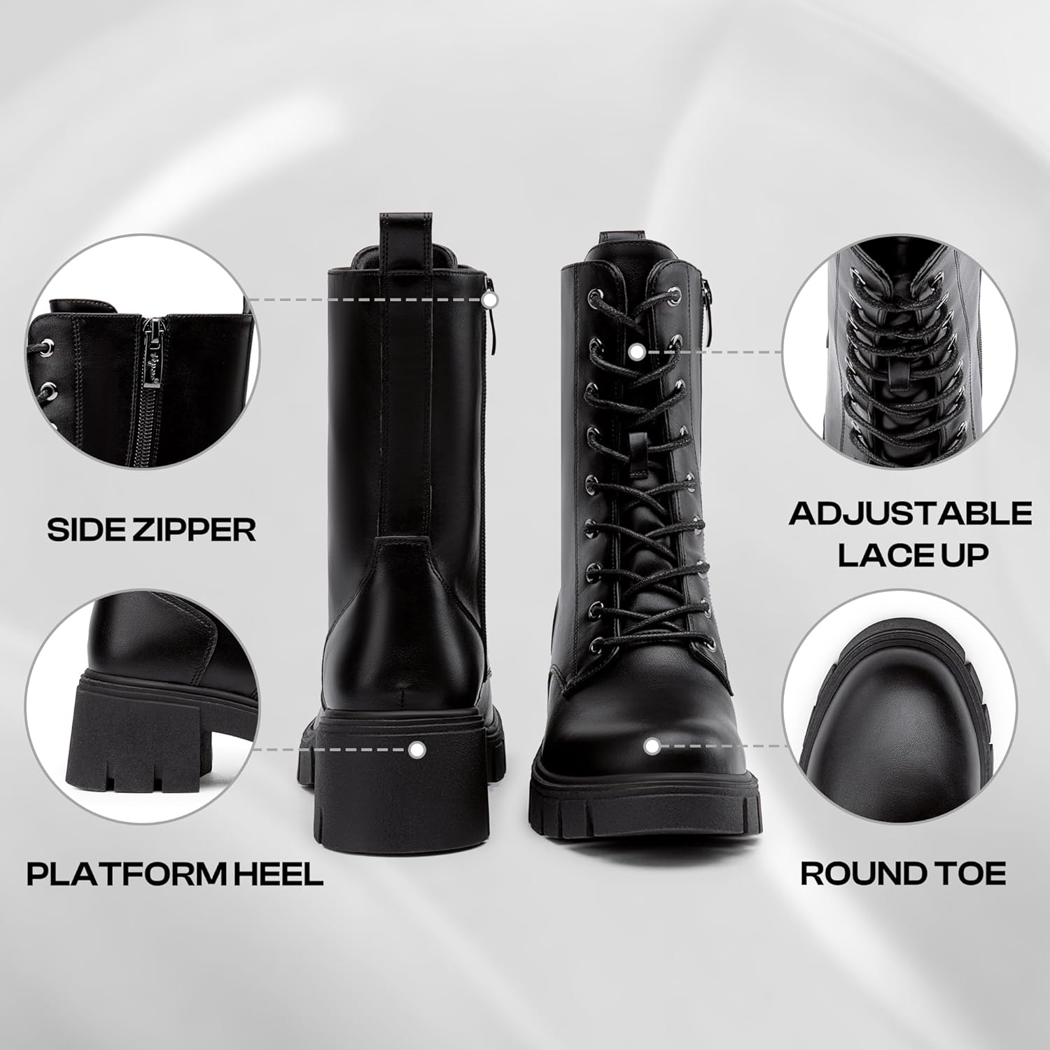 Chunky Platform Combat Boots - Lace-Up Mid Calf Boots with Side Zipper & Elastic Gore (US 4-10.5)
