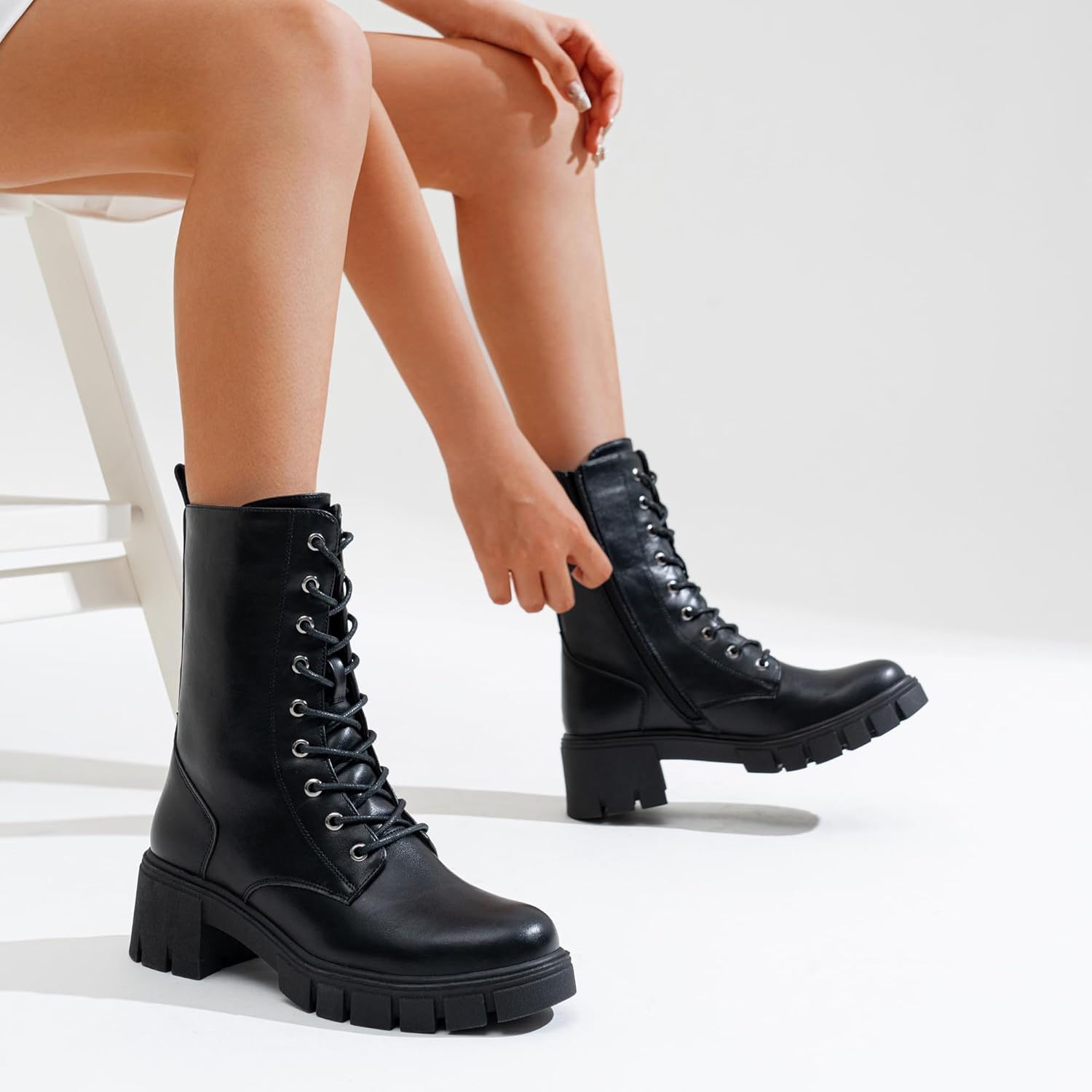 Chunky Platform Combat Boots - Lace-Up Mid Calf Boots with Side Zipper & Elastic Gore (US 4-10.5)