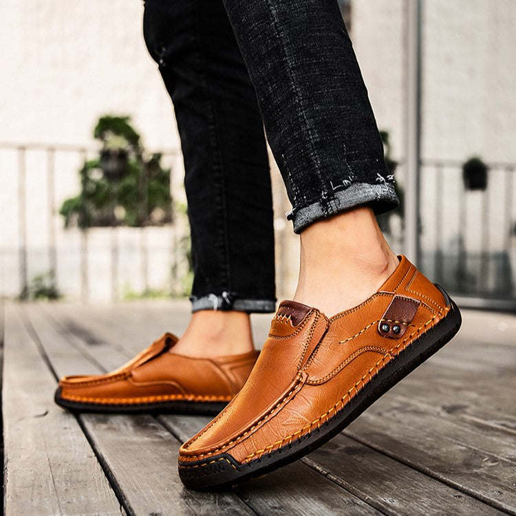 Hand-Stitched Men's Loafers Casual Outdoor Slip-On Genuine Leather Shoes