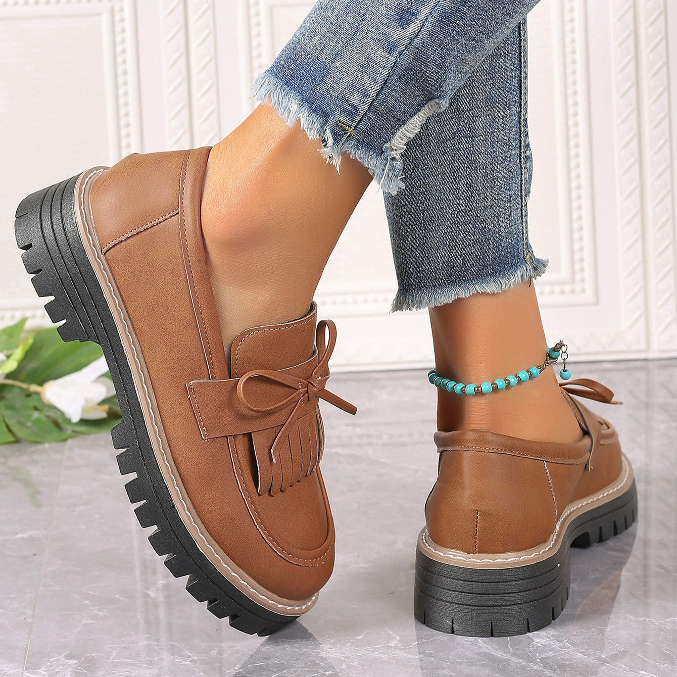 Women's Plus Size Chic Tassel Chunky Heel Bowknot Loafers Casual Shoes