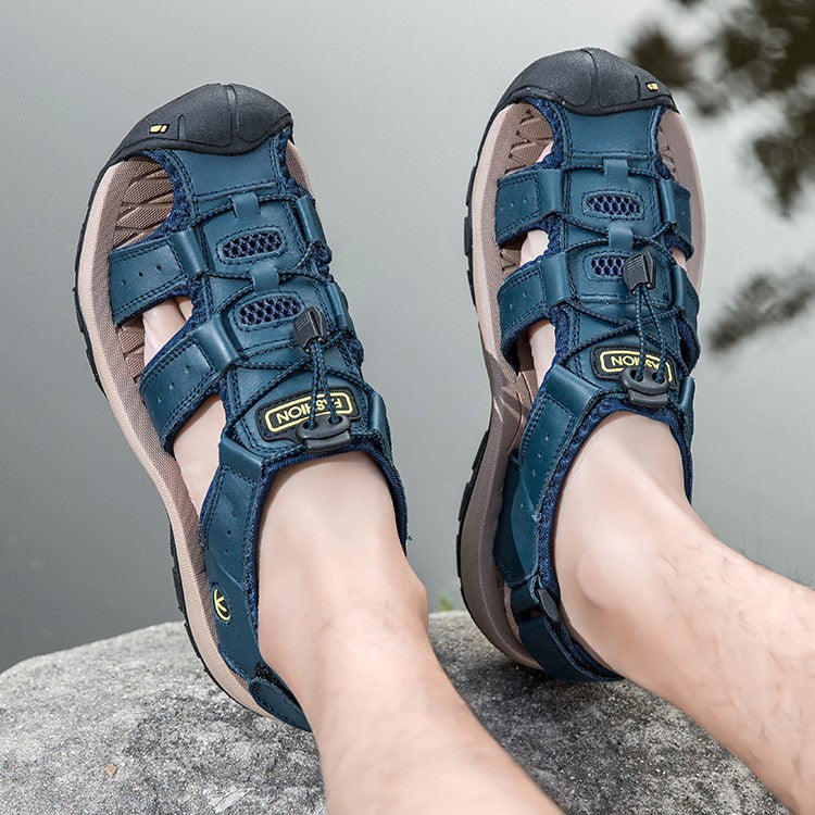 Men’s Summer Sandals Genuine Leather Beach Shoes with MD Midsole and Handcrafted Non Slip Slip Ons