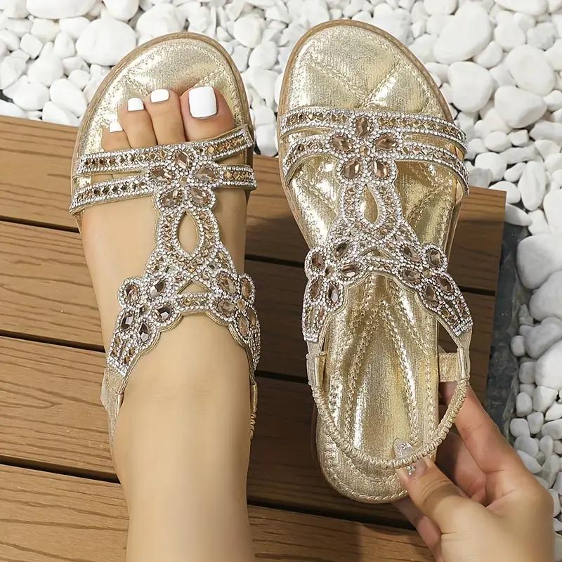 Women's Vesper Woven Bohemian Rhinestone Flat Sandals - Artisan Round-Toe Summer Sandals (US 4-10.5)