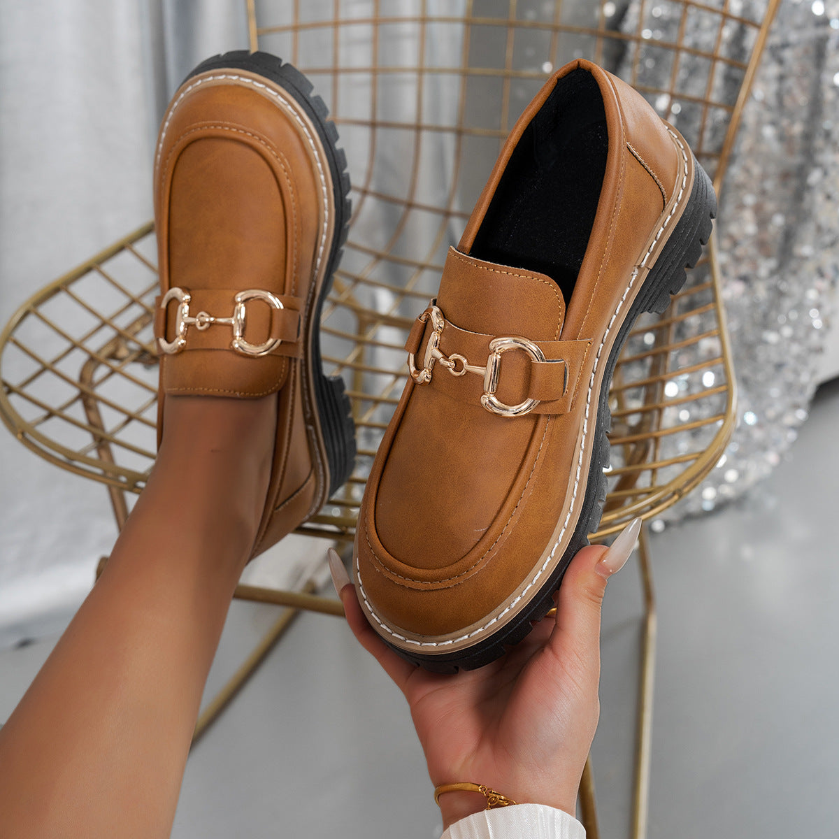 Women's Plus Size Retro Colorblock Loafers Chunky Heel Platform Casual Shoes