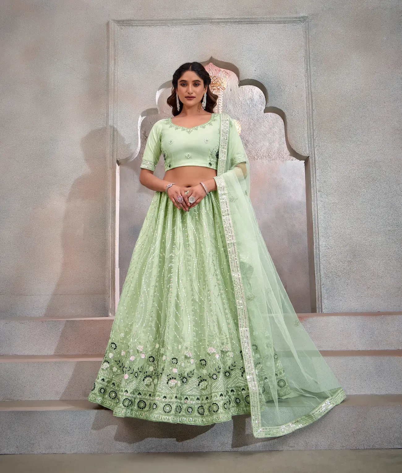 Mint Green Net Lehenga Choli With Thread & Sequence Embroidery Work - qivii