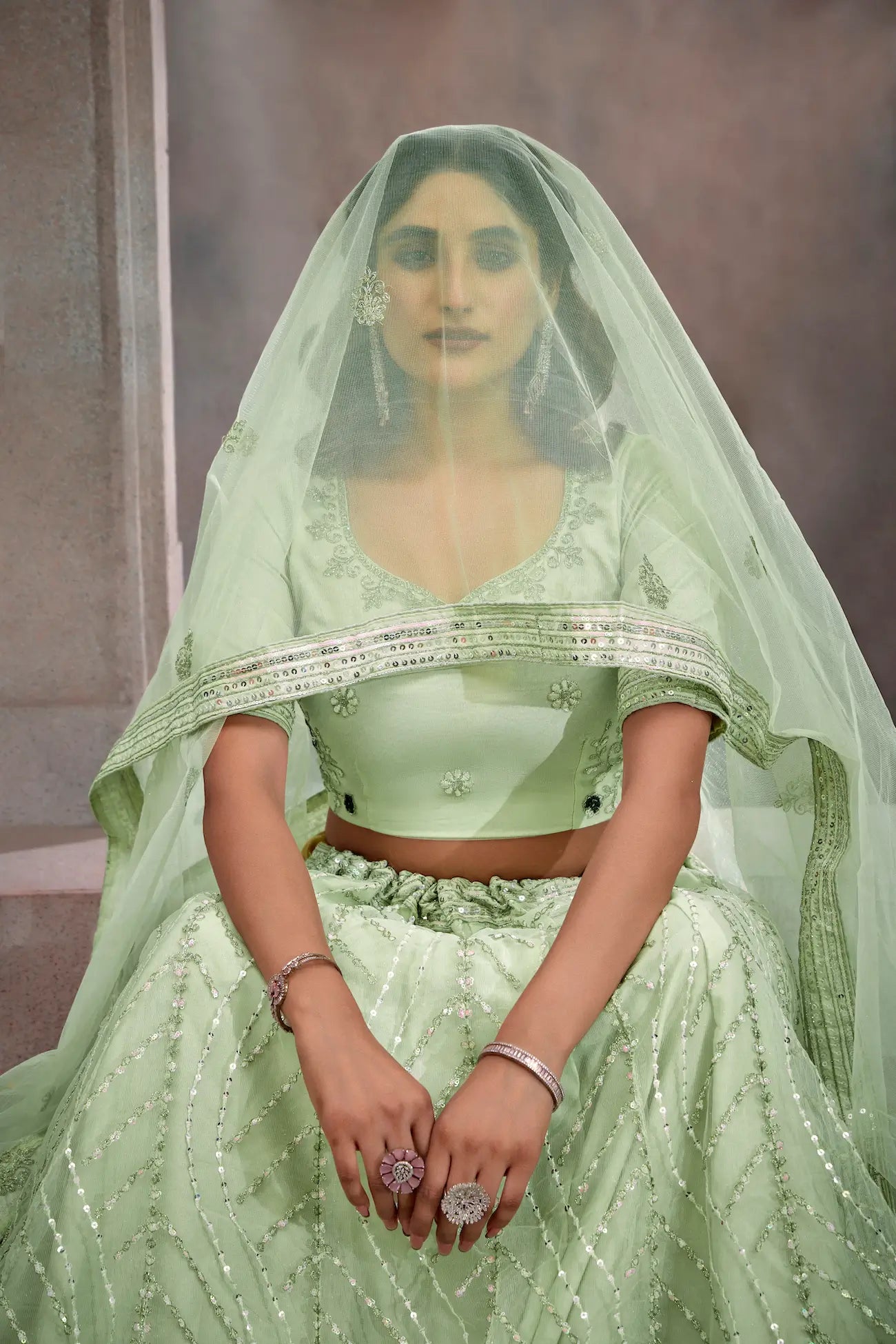 Mint Green Net Lehenga Choli With Thread & Sequence Embroidery Work - qivii