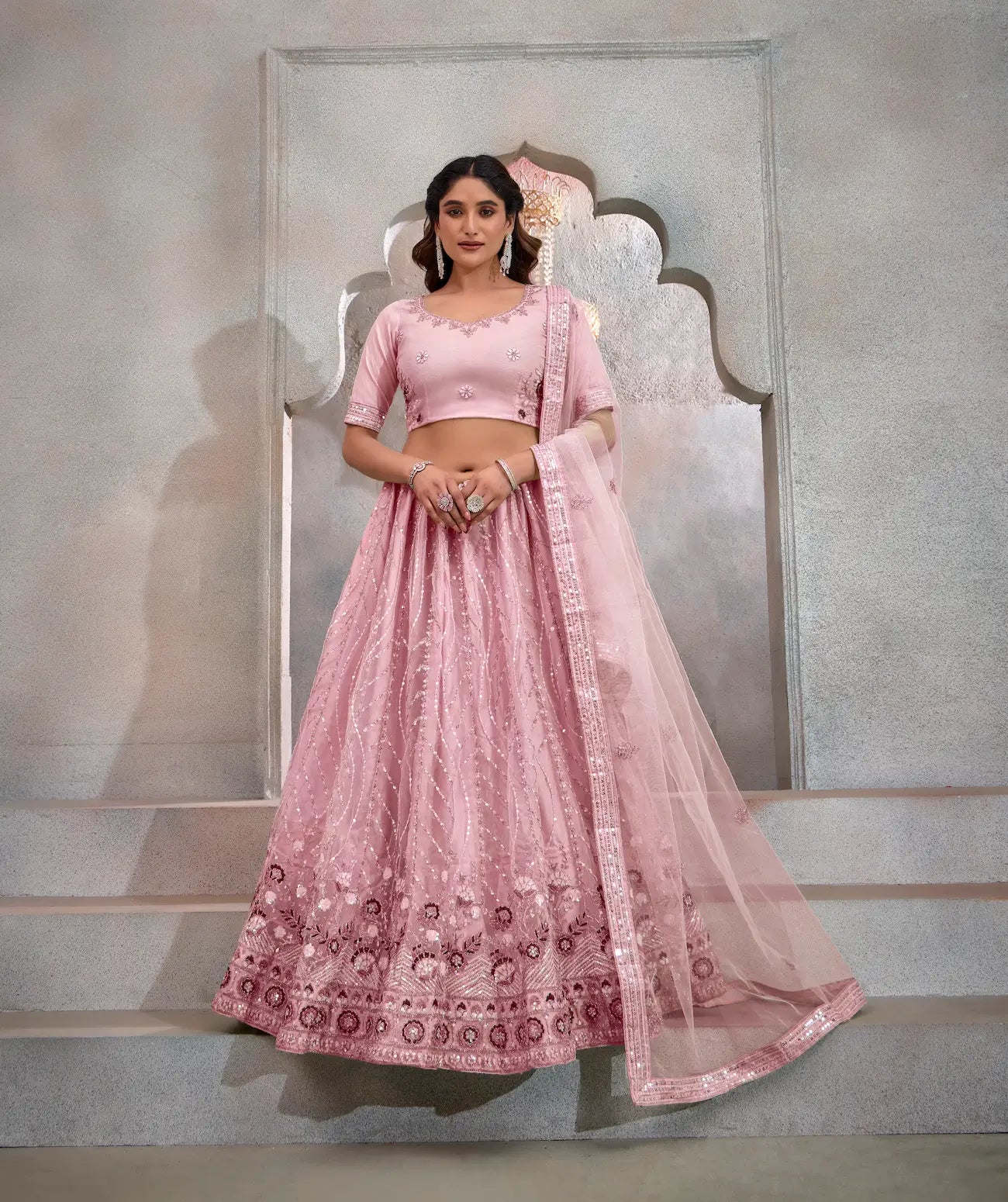 Dark Peach Net Lehenga Choli With Thread & Sequence Embroidery Work - qivii
