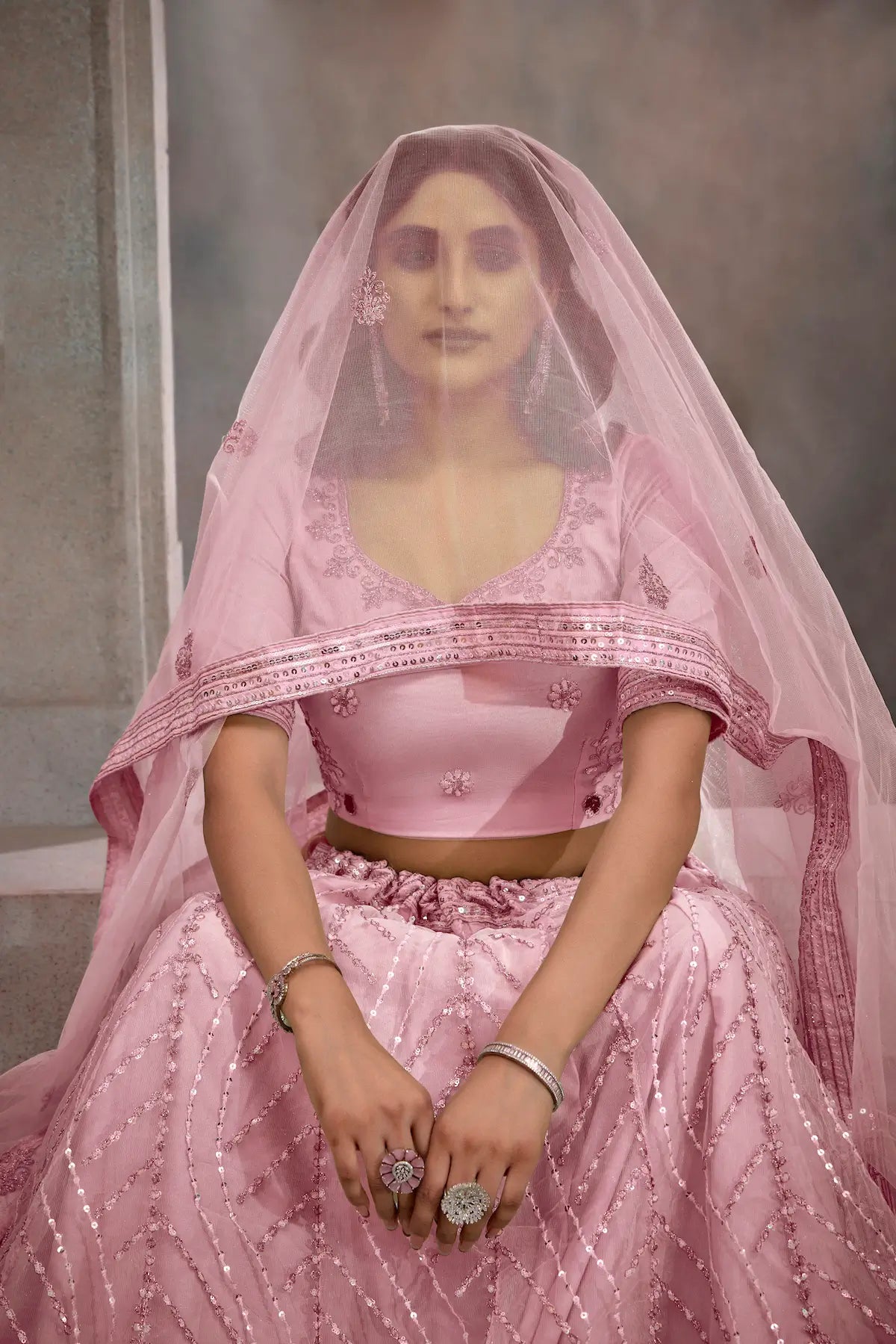 Dark Peach Net Lehenga Choli With Thread & Sequence Embroidery Work - qivii