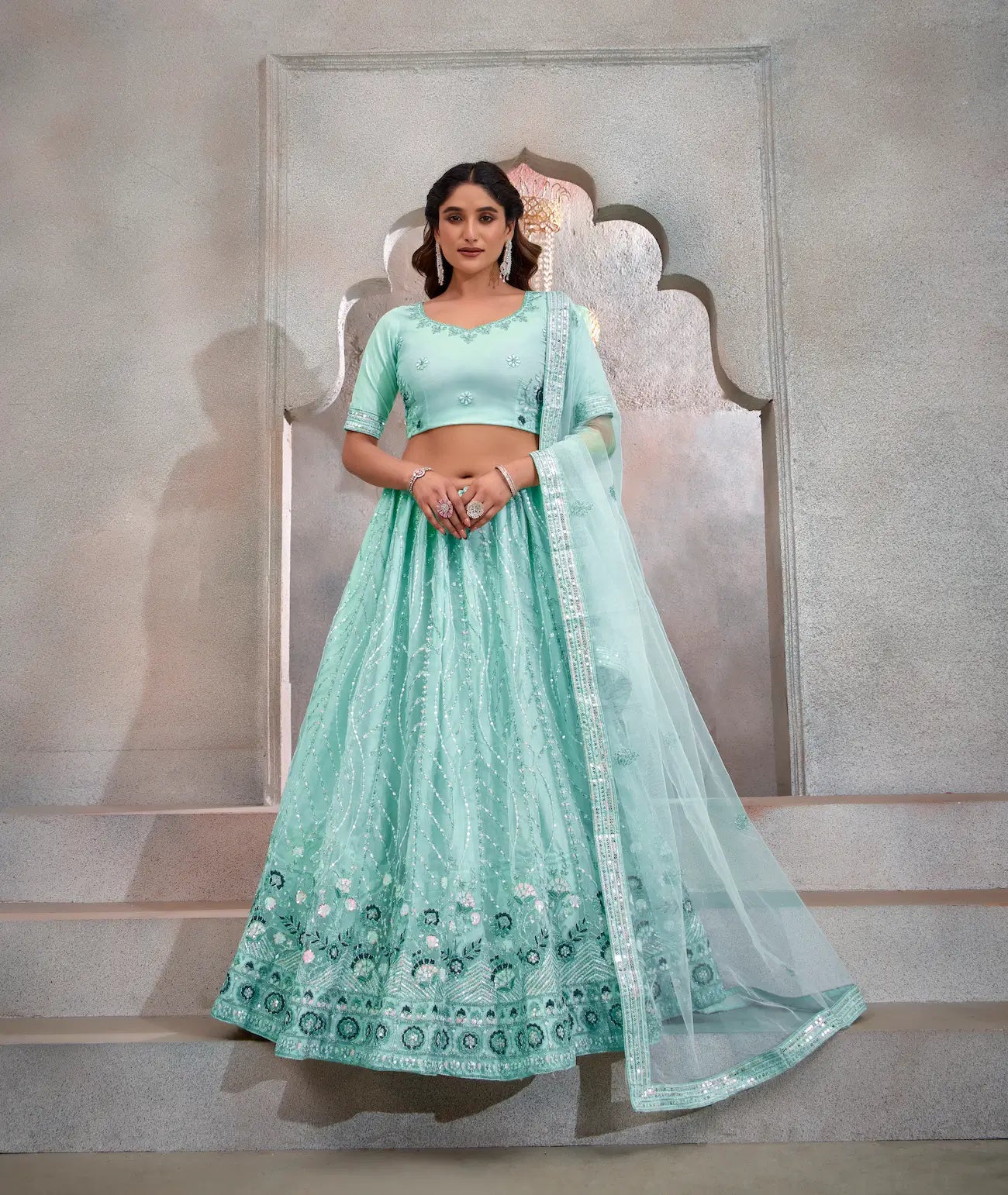 Turquoise Blue Net Lehenga Choli With Thread & Sequence Embroidery Work - qivii