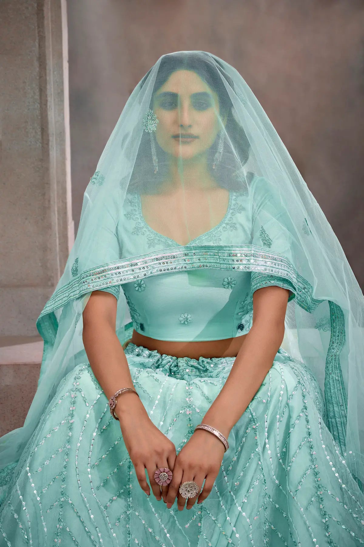 Turquoise Blue Net Lehenga Choli With Thread & Sequence Embroidery Work - qivii