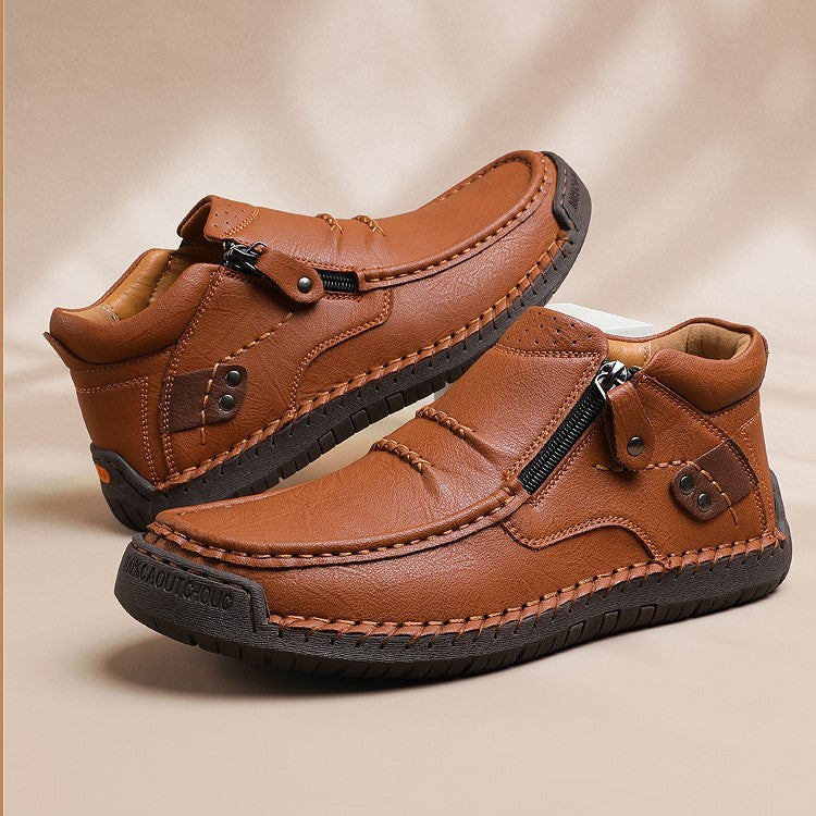 Cross-Border Men’s Outdoor Casual Slip-On Flat Handcrafted Leather Shoes