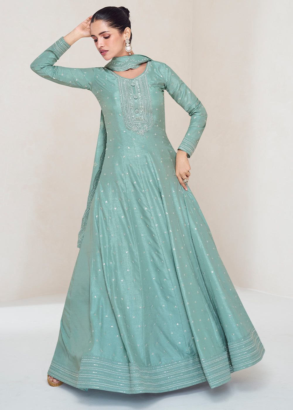 Columbia Blue Designer Embroidered Silk Anarkali Suit - qivii