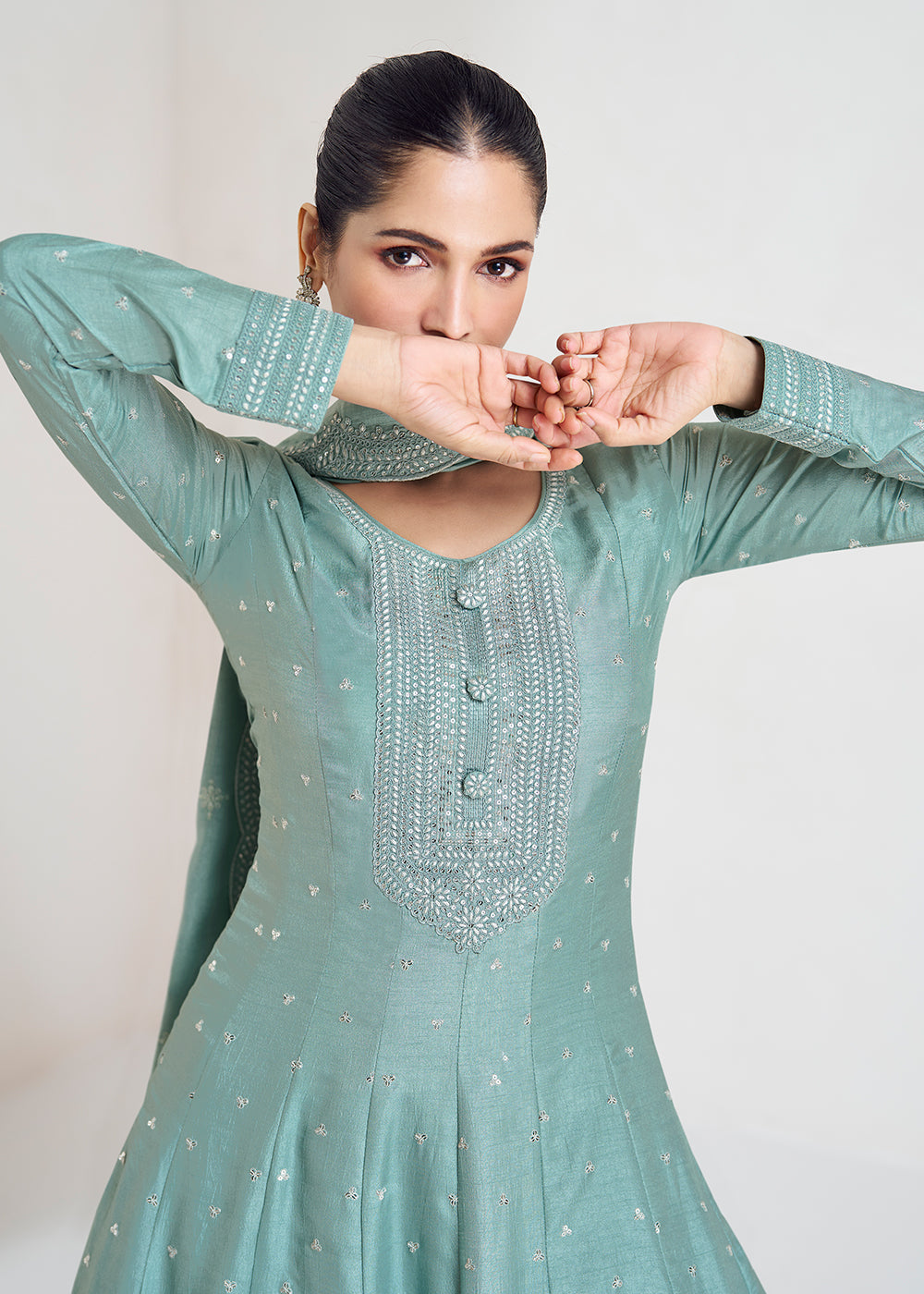 Columbia Blue Designer Embroidered Silk Anarkali Suit - qivii