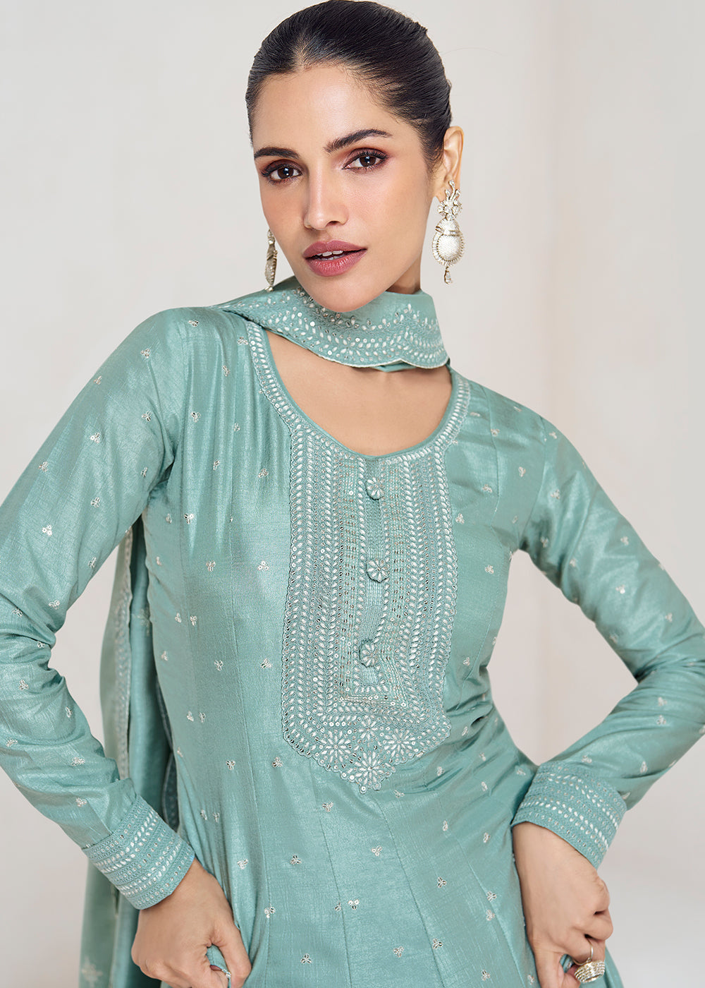 Columbia Blue Designer Embroidered Silk Anarkali Suit - qivii