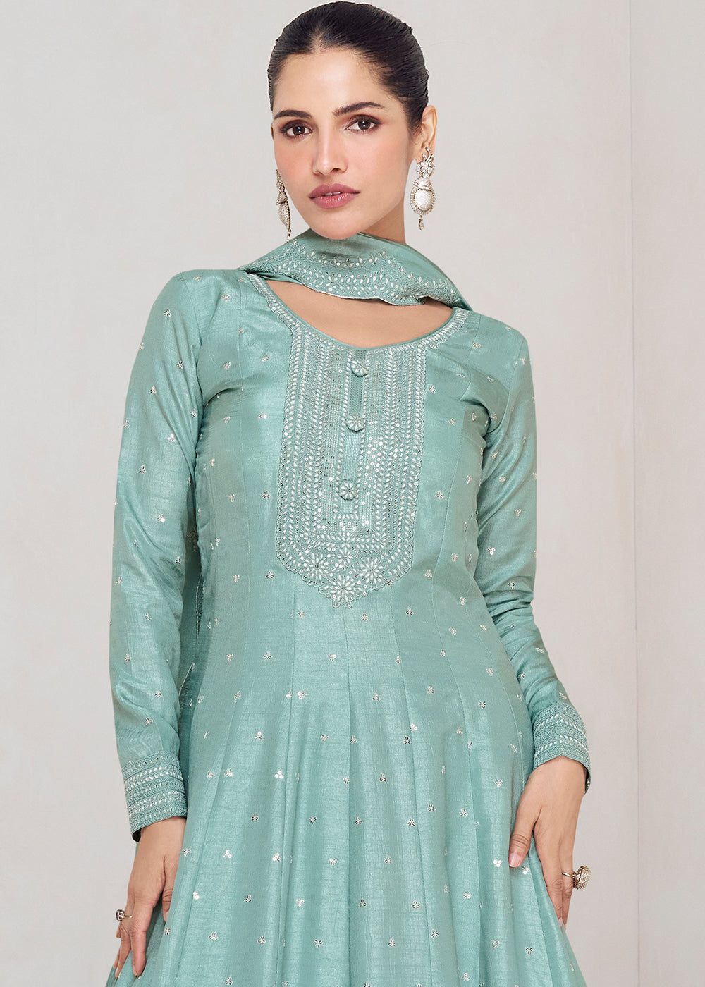 Columbia Blue Designer Embroidered Silk Anarkali Suit - qivii