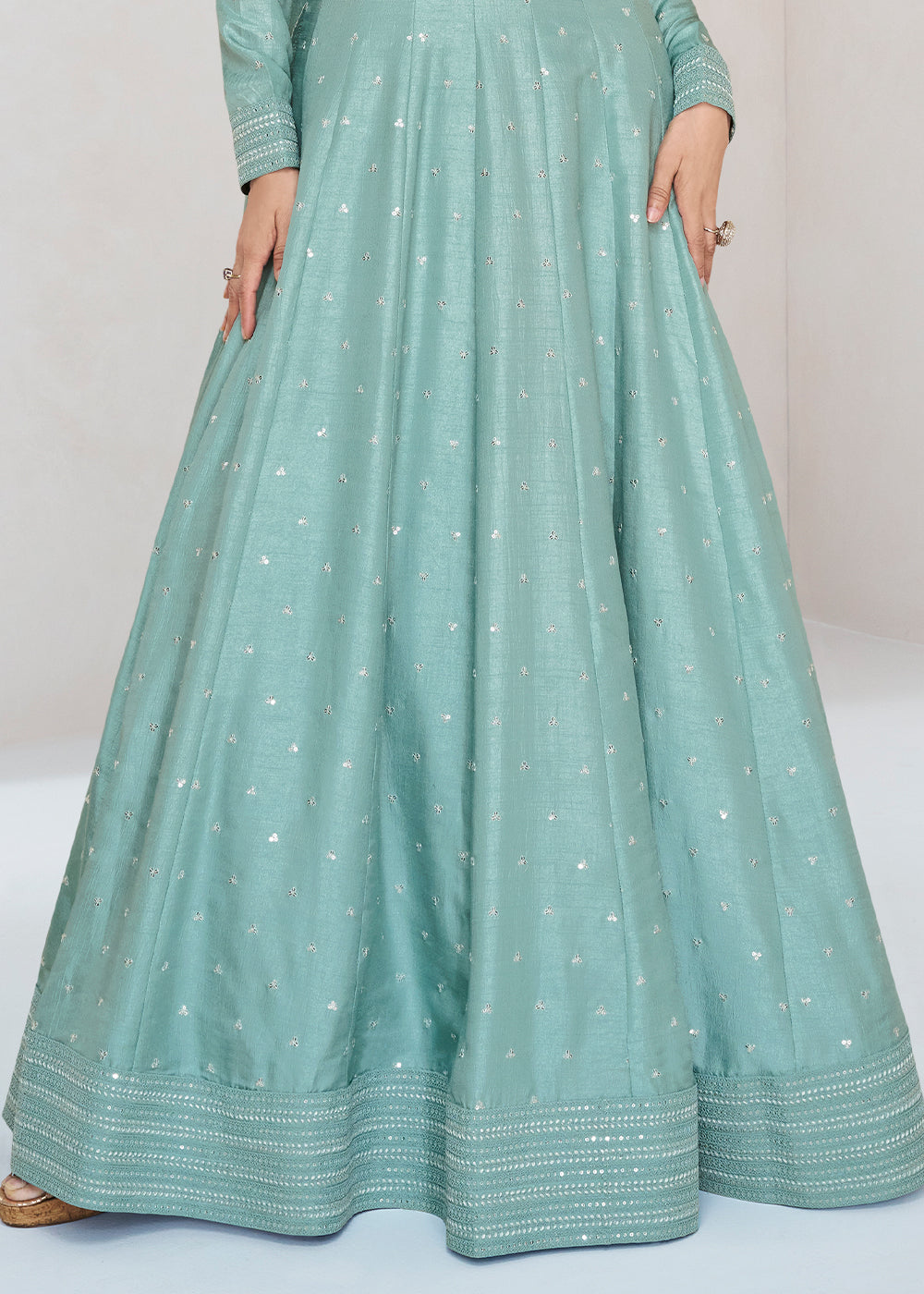 Columbia Blue Designer Embroidered Silk Anarkali Suit - qivii