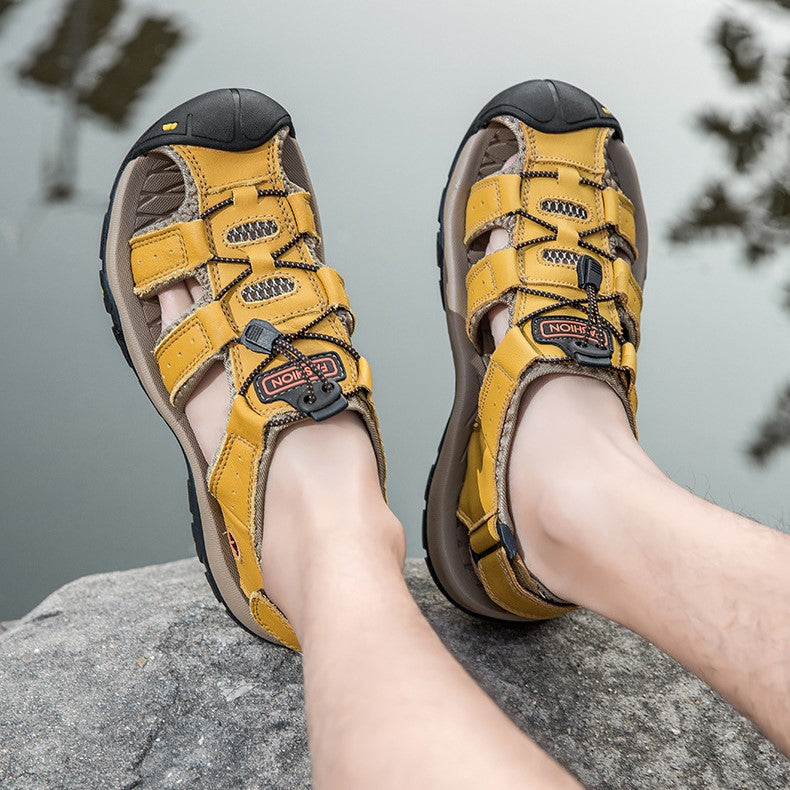Men’s Summer Sandals Genuine Leather Beach Shoes with MD Midsole and Handcrafted Non Slip Slip Ons
