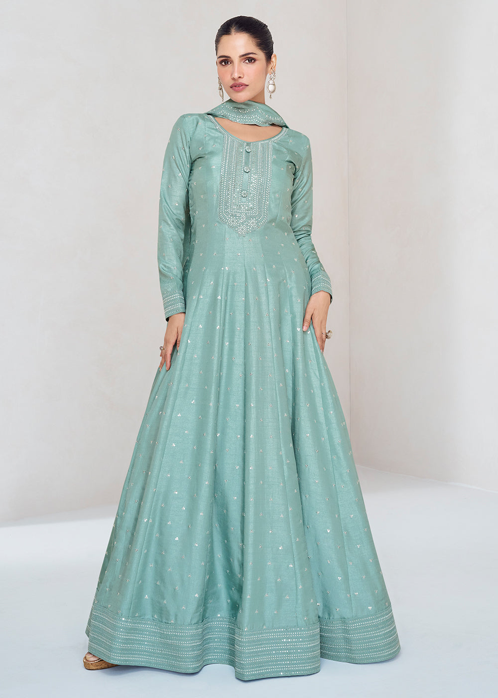 Columbia Blue Designer Embroidered Silk Anarkali Suit - qivii