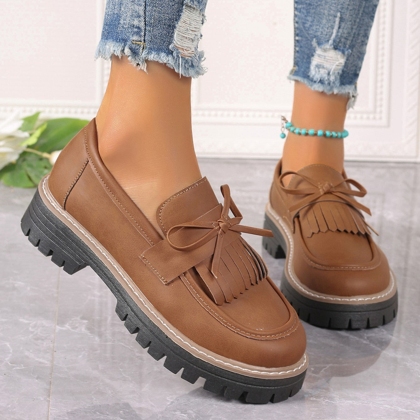 Women's Plus Size Chic Tassel Chunky Heel Bowknot Loafers Casual Shoes