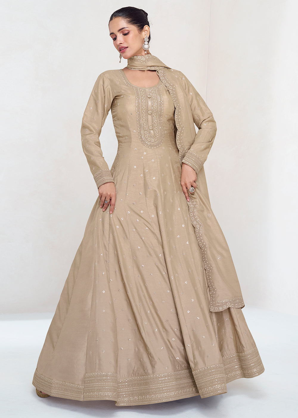 Brownish Grey Designer Embroidered Silk Anarkali Suit - qivii